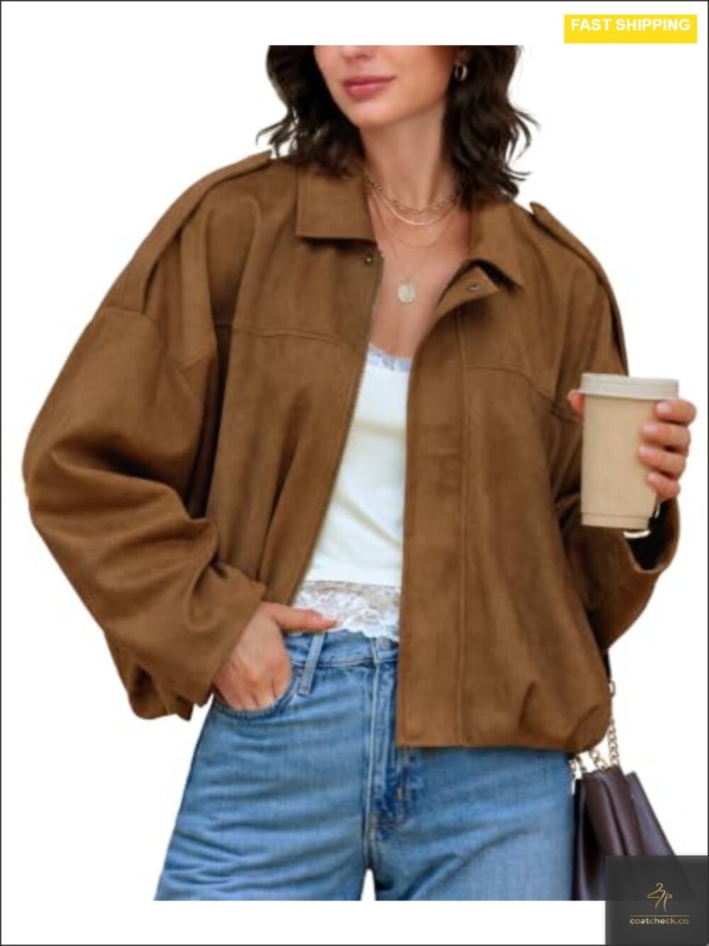 Women's Oversized Faux Suede Bomber Jacket Zip Up Coat